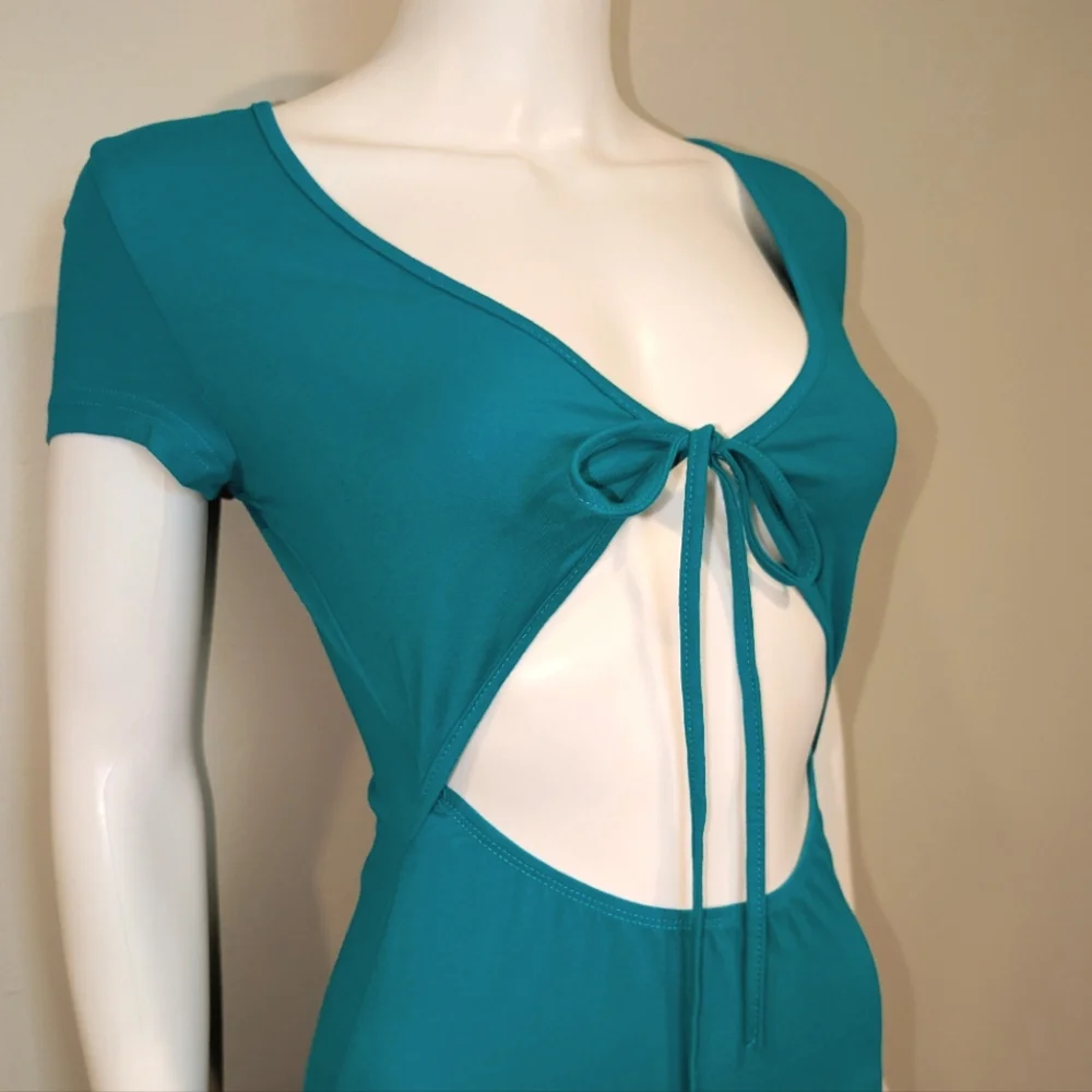 SHEIN Teal Cut Our Front Tie Bust Short Sleeve Ruffle Hem Mini Dress Size Small